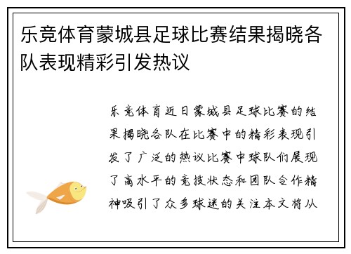 乐竞体育蒙城县足球比赛结果揭晓各队表现精彩引发热议