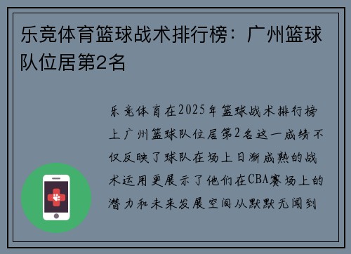 乐竞体育篮球战术排行榜：广州篮球队位居第2名