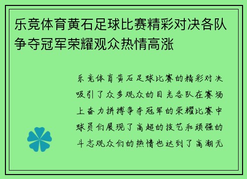 乐竞体育黄石足球比赛精彩对决各队争夺冠军荣耀观众热情高涨