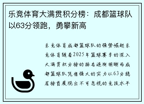 乐竞体育大满贯积分榜：成都篮球队以63分领跑，勇攀新高