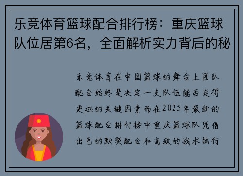 乐竞体育篮球配合排行榜：重庆篮球队位居第6名，全面解析实力背后的秘密